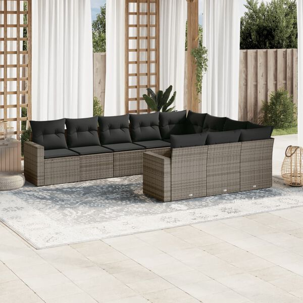 vidaXL Set Divano da Giardino 10 pz con Cuscini Grigio in Polyrattan