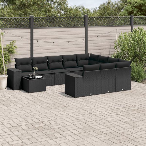 vidaXL Set Divani da Giardino 11 pz con Cuscini in Polyrattan Nero