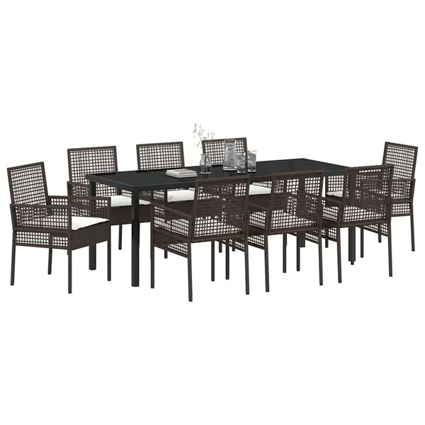 vidaXL Set da Pranzo per Giardino con cuscino 9 pcs Marrone polyrattan