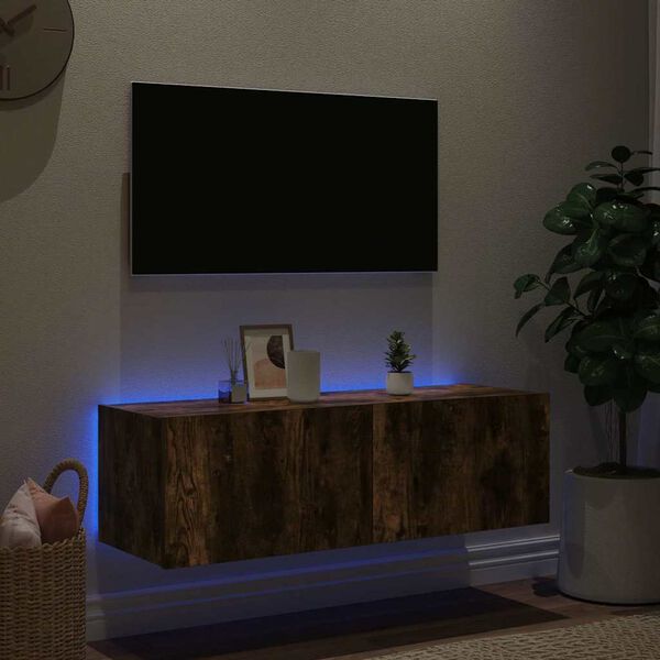 vidaXL Mobile TV a Parete con Luci LED Rovere Fumo 100x35x31 cm