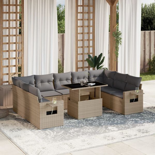 vidaXL Set Divano da Giardino 10 pz con Cuscini Beige in Polyrattan