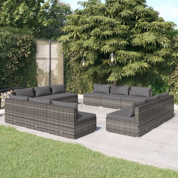 vidaXL Set Divani da Giardino 12 pz con Cuscini in Polyrattan Grigio