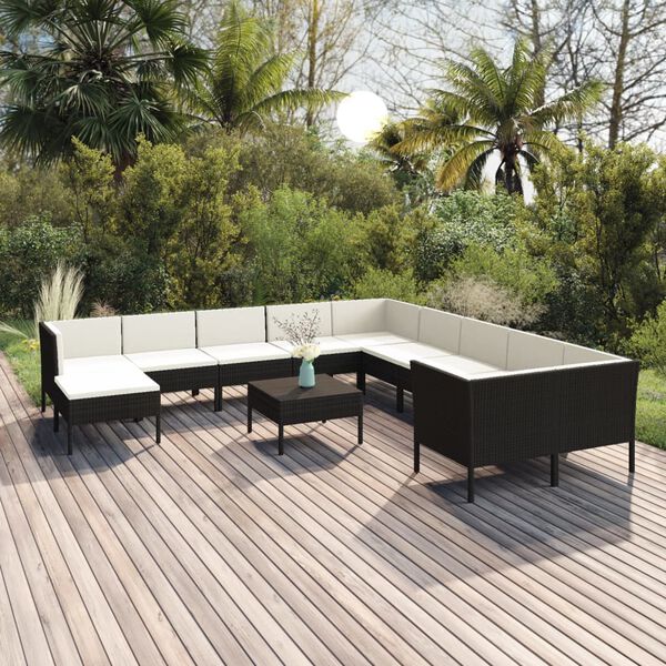 vidaXL Set Divani da Giardino 12 pz con Cuscini in Polyrattan Nero