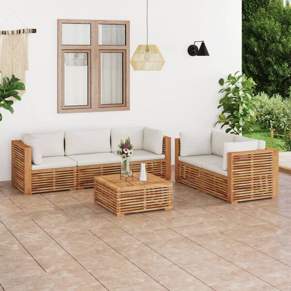 vidaXL Set Divani da Giardino 6 pz con Cuscini Crema in Legno di Teak