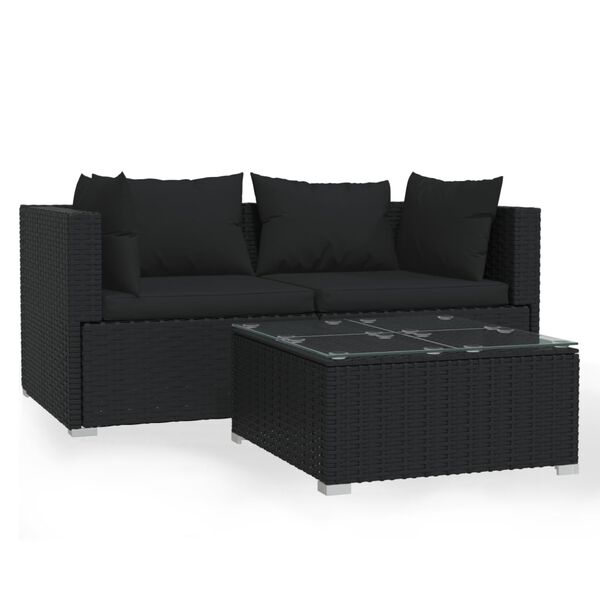 vidaXL Set Divani da Giardino 3 pz con Cuscini in Polyrattan Nero
