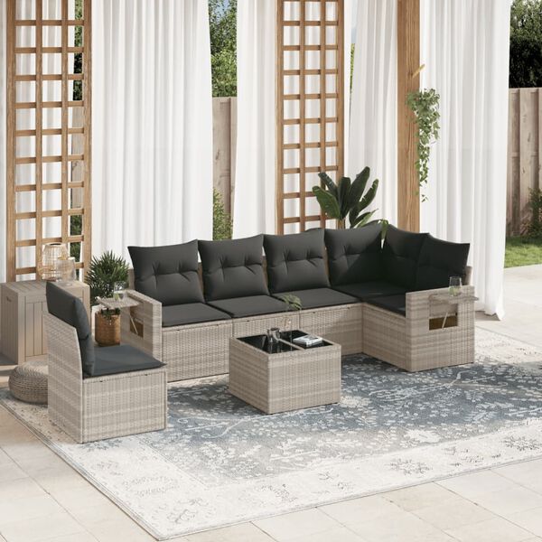 vidaXL Set Divani da Giardino 7pz con Cuscini Grigio Chiaro Polyrattan