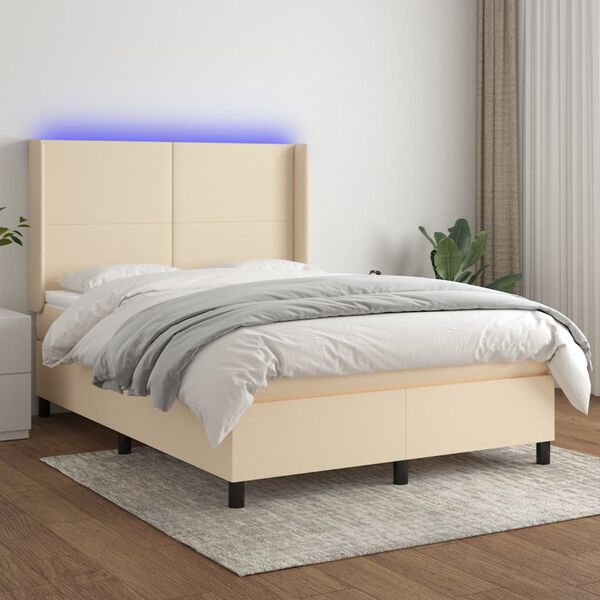 vidaXL Letto a Molle con Materasso e LED Crema 140x190 cm in Tessuto