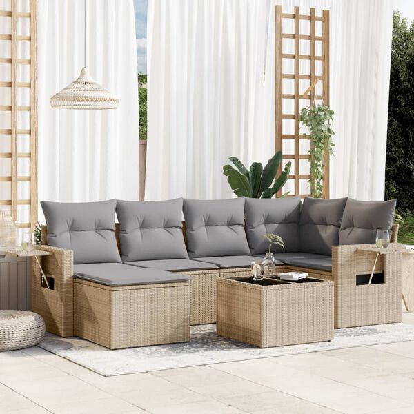 vidaXL Set Divani da Giardino 7 pz con Cuscini Beige in Polyrattan