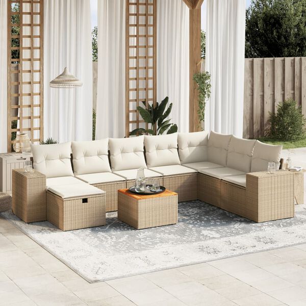 vidaXL Set Divano da Giardino 9 pz con Cuscini Beige in Polyrattan