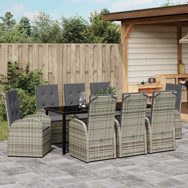 vidaXL Set da Pranzo per Giardino con cuscino 9 pcs Grigio polyrattan