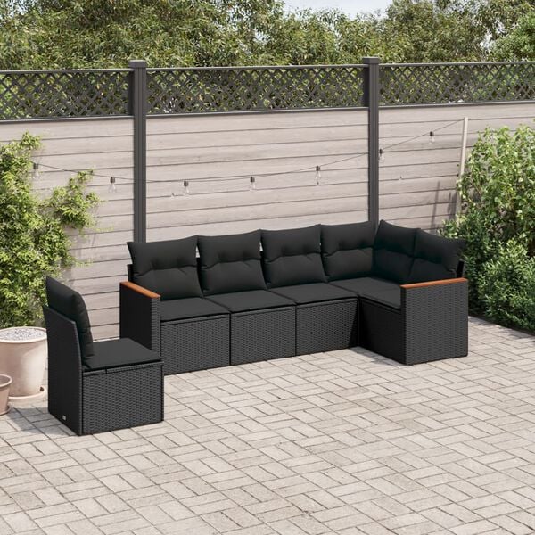 vidaXL Set Divano da Giardino 6 pz con Cuscini Nero in Polyrattan