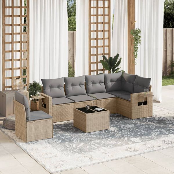 vidaXL Set Divani da Giardino 7 pz con Cuscini Beige in Polyrattan