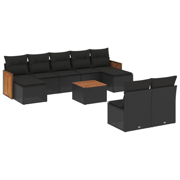 vidaXL Set Divani da Giardino 10pz con Cuscini in Polyrattan Nero