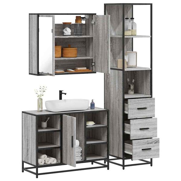 vidaXL Set Mobili da Bagno 3 pz Grigio Sonoma in Legno Multistrato