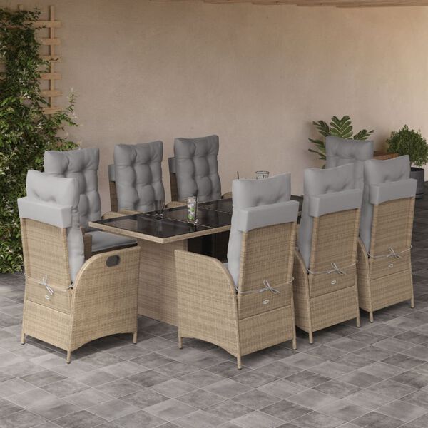 vidaXL Set Pranzo da Giardino 9 pz con Cuscini Beige Misto Polyrattan