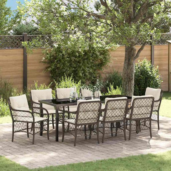vidaXL Set da Pranzo per Giardino con cuscino 9 pcs Marrone polyrattan