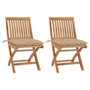 vidaXL Sedie pieghevoli, 2 pezzi, con cuscini beige, in legno massello di teak.