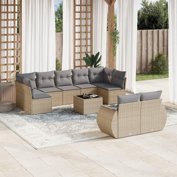vidaXL Set Divano da Giardino 10 pz con Cuscini Beige in Polyrattan