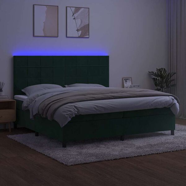 vidaXL Letto a Molle con Materasso e LED Verde Scuro 200x200cm Velluto
