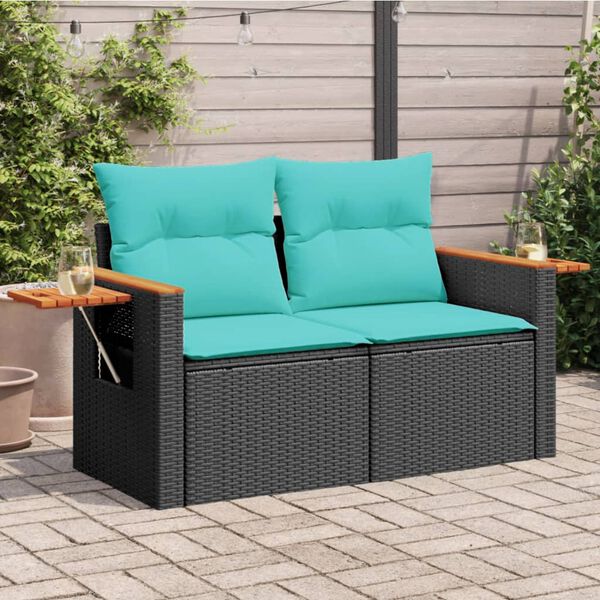 vidaXL Divano da giardino con cuscini 2 posti nero in polyrattan