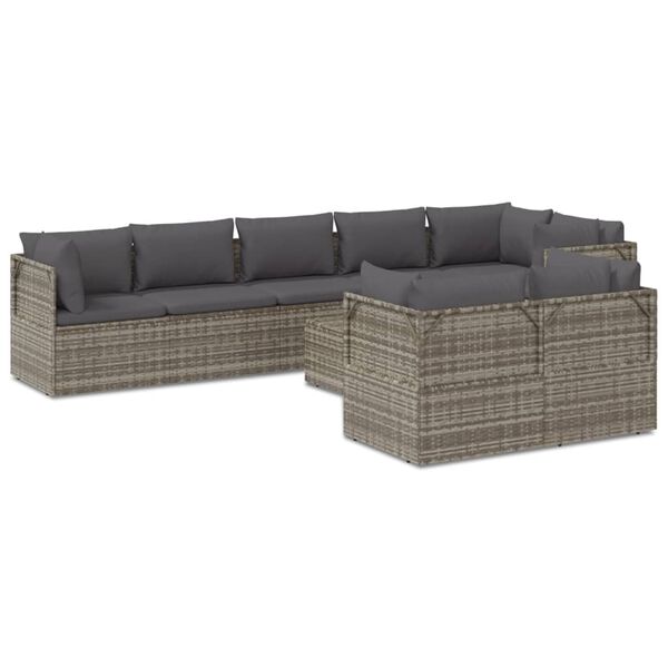 vidaXL Set Divani da Giardino 9 pz con Cuscini in Polyrattan Grigio