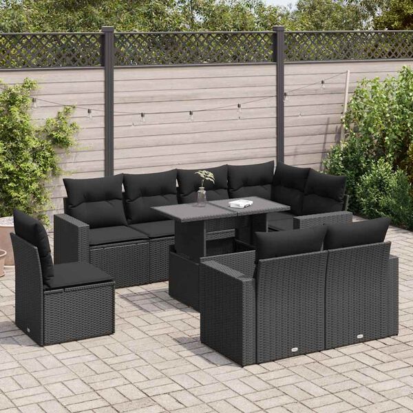 vidaXL Set Divani da Giardino 9 pz con Cuscini Nero in Polyrattan