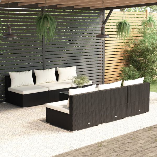 vidaXL Set Divani da Giardino 7 pz con Cuscini in Polyrattan Nero