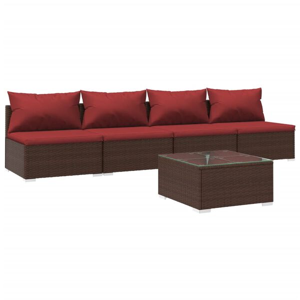 vidaXL Set Divani da Giardino 5 pz con Cuscini in Polyrattan Marrone