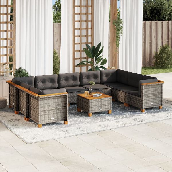 vidaXL Set Divano da Giardino 10 pz con Cuscini Grigio in Polyrattan