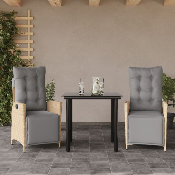 vidaXL Set Pranzo da Giardino 3 pz con Cuscini Beige Misto Polyrattan