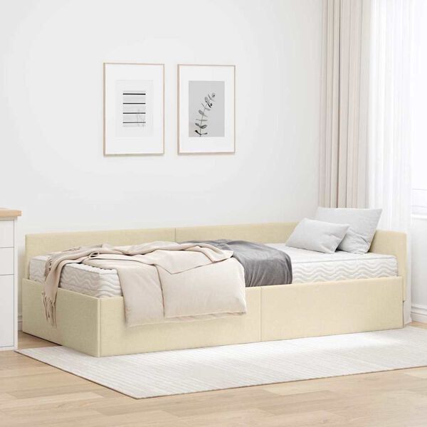 vidaXL Struttura Letto Angolare con Materasso 2 pcs Crema Tessuto
