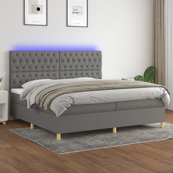 vidaXL Letto a Molle Materasso e LED Grigio Scuro 200x200cm in Tessuto