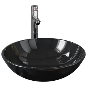 vidaXL Lavandino Bagno con Rubinetto e Piletta in Vetro Temperato Nero