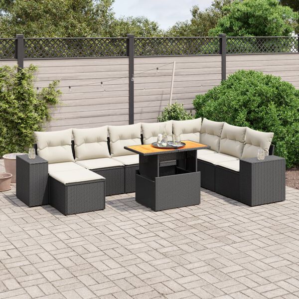 vidaXL Set Divani da Giardino 9 pz con Cuscini Nero in Polyrattan