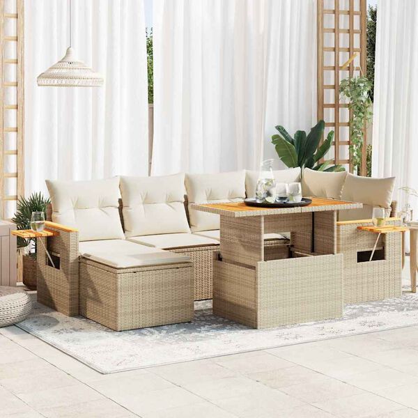 vidaXL Set Divani da Giardino 7 pz con Cuscini Beige Polyrattan Acacia