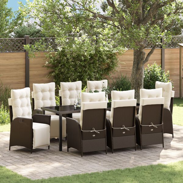 vidaXL Set da Pranzo per Giardino con cuscino 9 pcs Marrone polyrattan