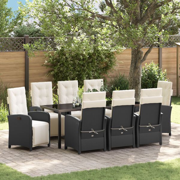 vidaXL Set da Pranzo per Giardino con cuscino 9 pcs Nero polyrattan