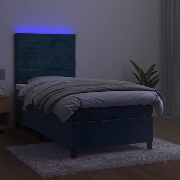 vidaXL Letto a Molle con Materasso e LED Blu Scuro 90x190cm in Velluto