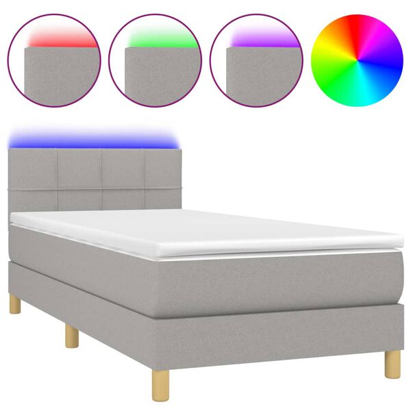 vidaXL Letto a Molle Materasso e LED Grigio Chiaro 90x200 cm Tessuto