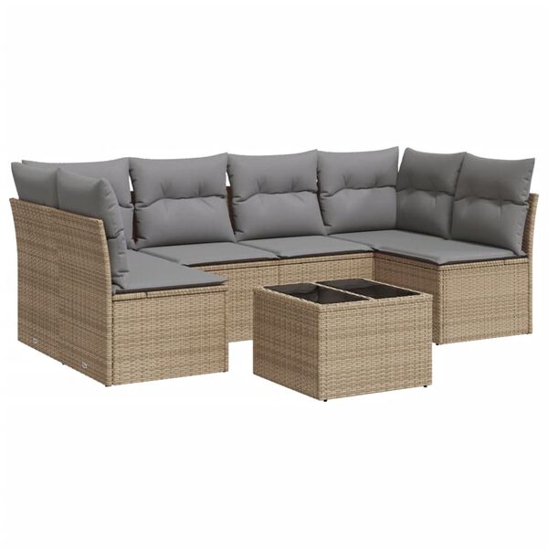 vidaXL Set Divani da Giardino 7 pz con Cuscini Beige in Polyrattan
