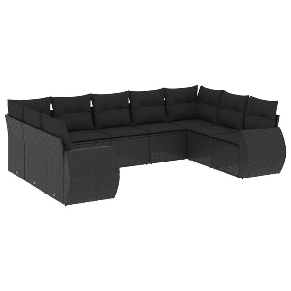 vidaXL Set Divani da Giardino 9 pz con Cuscini Nero in Polyrattan