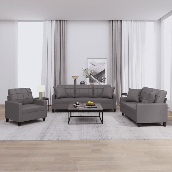 vidaXL Set di Divani 3 pz con Cuscini Grigio in Similpelle