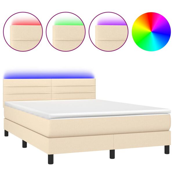 vidaXL Letto a Molle con Materasso e LED Crema 140x200 cm in Tessuto