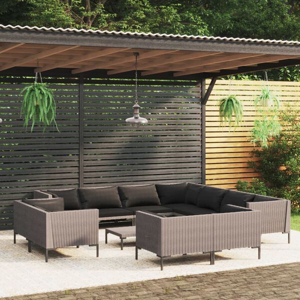 vidaXL Divani da Giardino 12 pz con Cuscini in Polyrattan Grigio Scuro