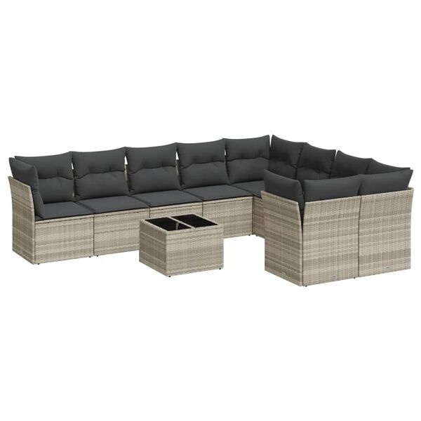 vidaXL Set Divano Giardino 10 pz con Cuscini Grigio Chiaro Polyrattan