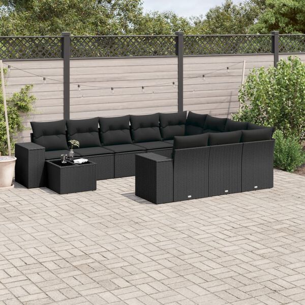 vidaXL Set Divani da Giardino 11 pz con Cuscini in Polyrattan Nero