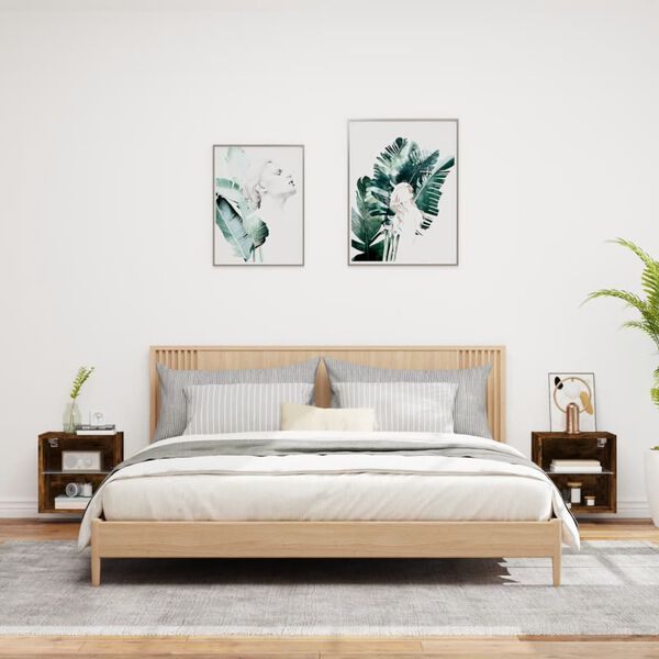 vidaXL Comodini con Luci LED a Parete 2pz Rovere Fumo