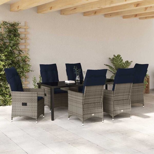 vidaXL Set di tavolo e sedie con cuscino 7 pcs Grigio Rattan in PE