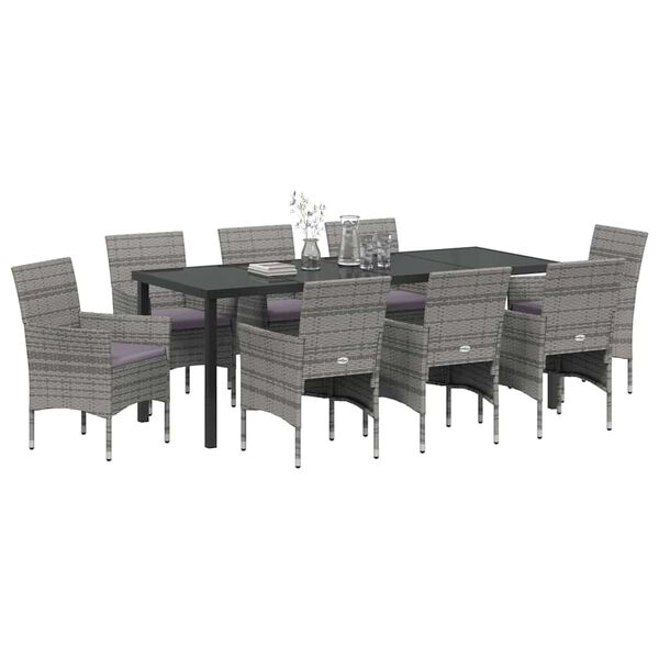 vidaXL Set da Pranzo per Giardino con cuscino 9 pcs Grigio polyrattan