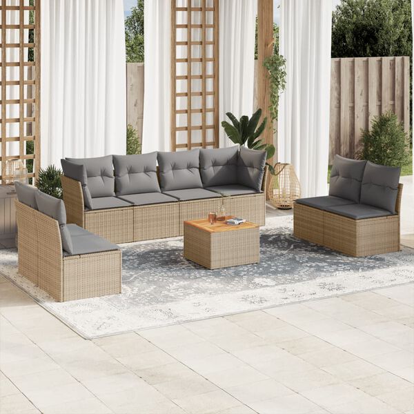 vidaXL Set Divano da Giardino 9 pz con Cuscini Beige Misto Polyrattan